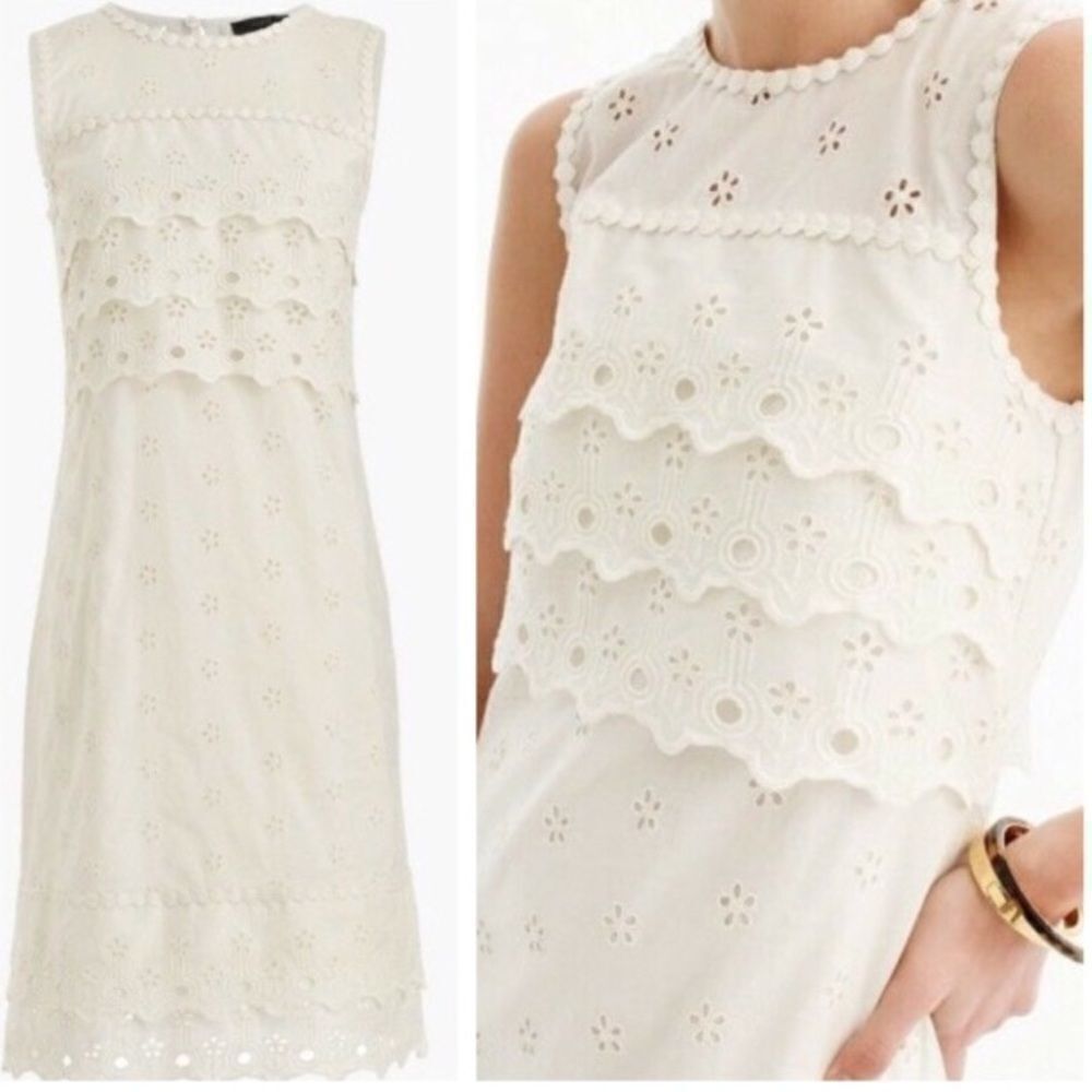 NWT J. Crew Ivory Eyelet Dress Sleeveless Sheath Scalloped Hem Summer Women's 00 - Picture 1 of 15